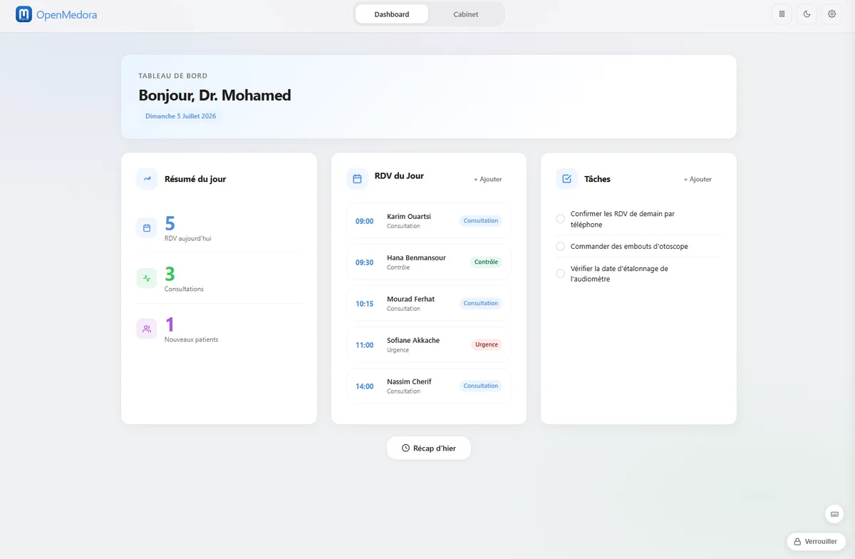 Tableau de bord OpenMedora : rendez-vous et consultations du jour